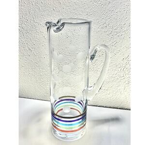 VTG HandBlown Art Glass Cocktail Pitcher Etched Polkadots & Multicolor Stripes
